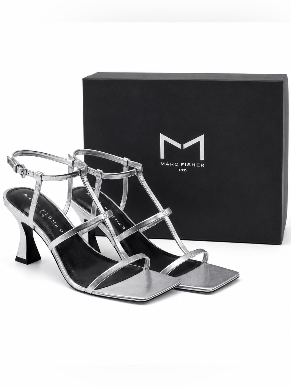 Marc Fisher Dennie Silver Leather Strappy T‑Bar Caged Heels NIB